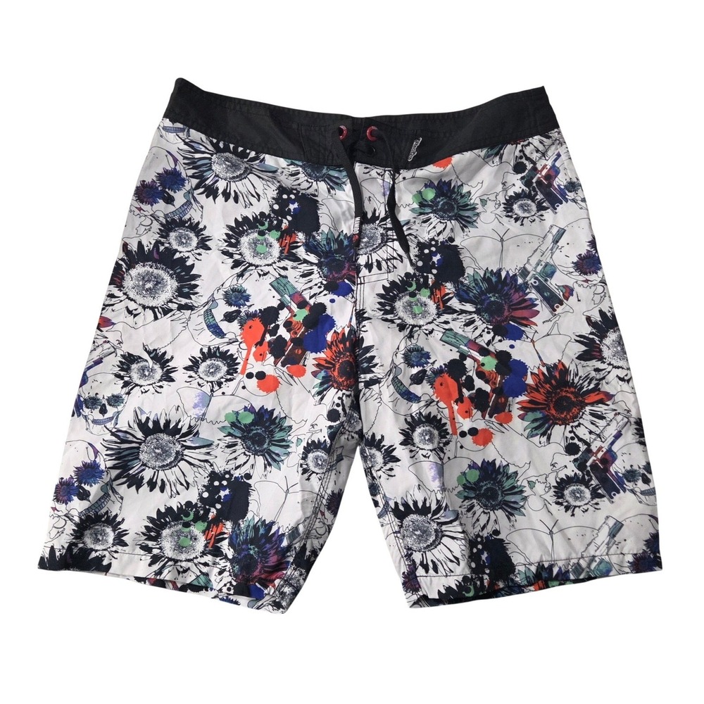 Mambo Australia Mens Board Shorts Size M Sunflower Skull Print Swim Trunks White